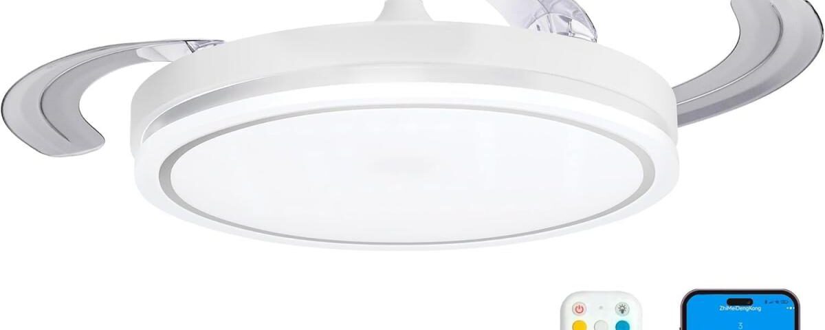 Ventilador de techo LEDUNI blanco nieve con aspas retráctiles y luz LED 66W vista general