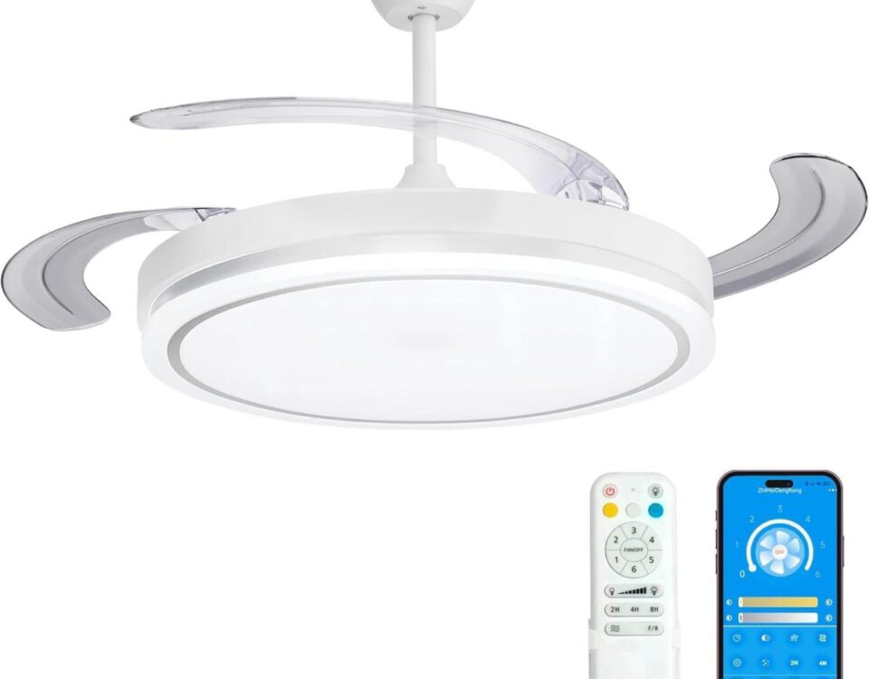 Ventilador de techo LEDUNI blanco nieve con aspas retráctiles y luz LED 66W vista general
