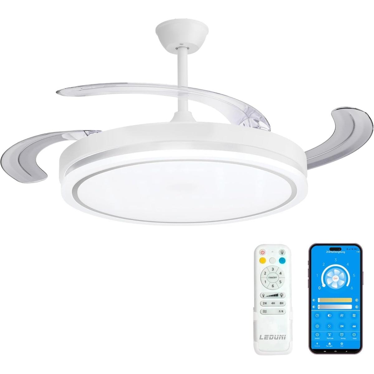 Ventilador de techo LEDUNI blanco nieve aspas retráctiles LED 66W