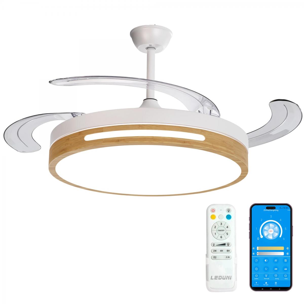 Ventilador de techo LEDUNI acabado madera con aspas retráctiles y luz LED