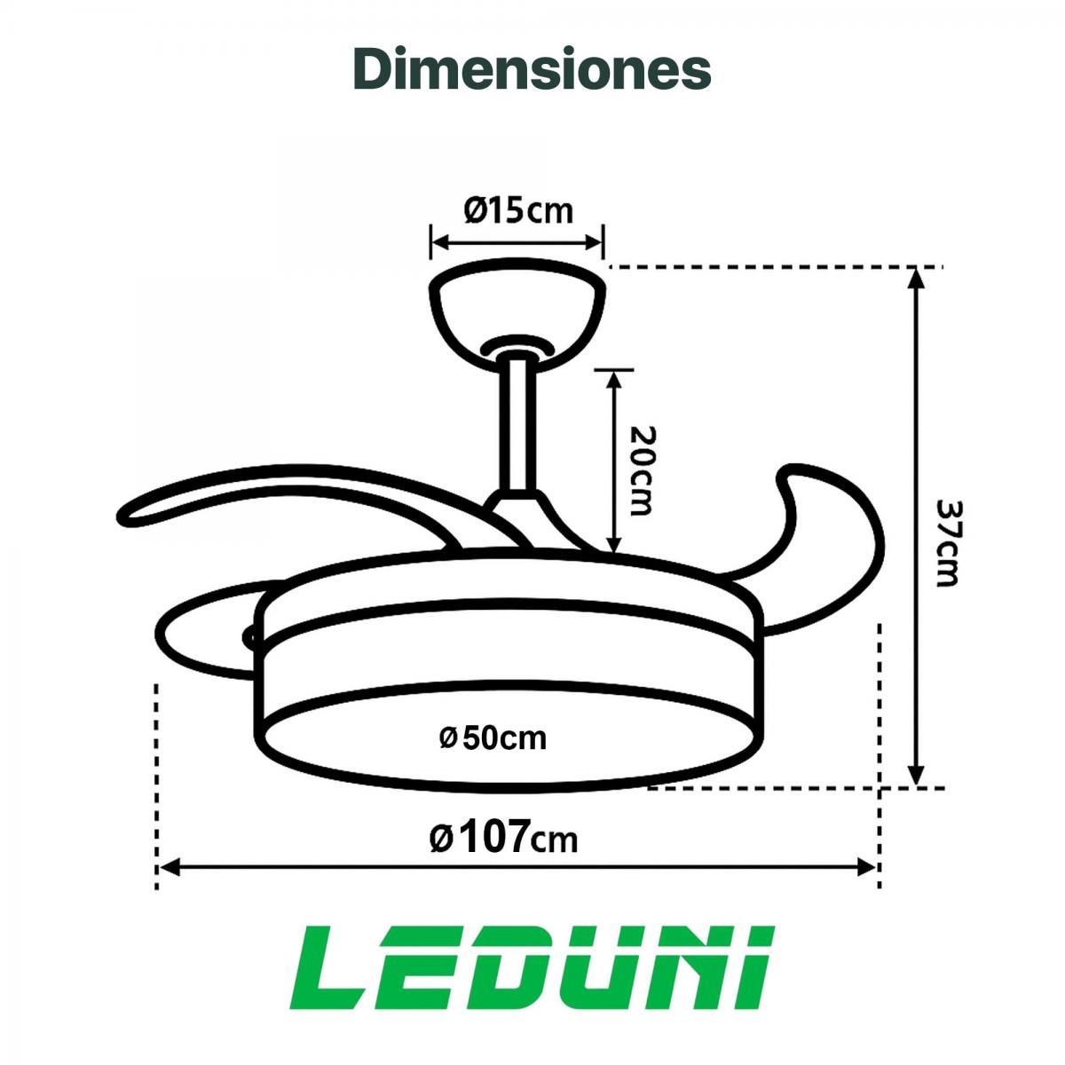 Ventilador LEDUNI con aspas retráctiles desplegadas en funcionamiento