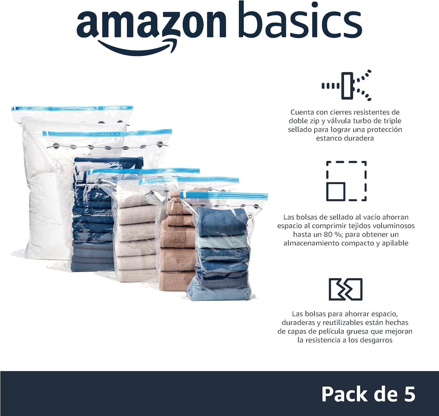 Gama de tamaños de bolsas de vacío Amazon Basics con ropa y toallas comprimidas y sus tres ventajas principales