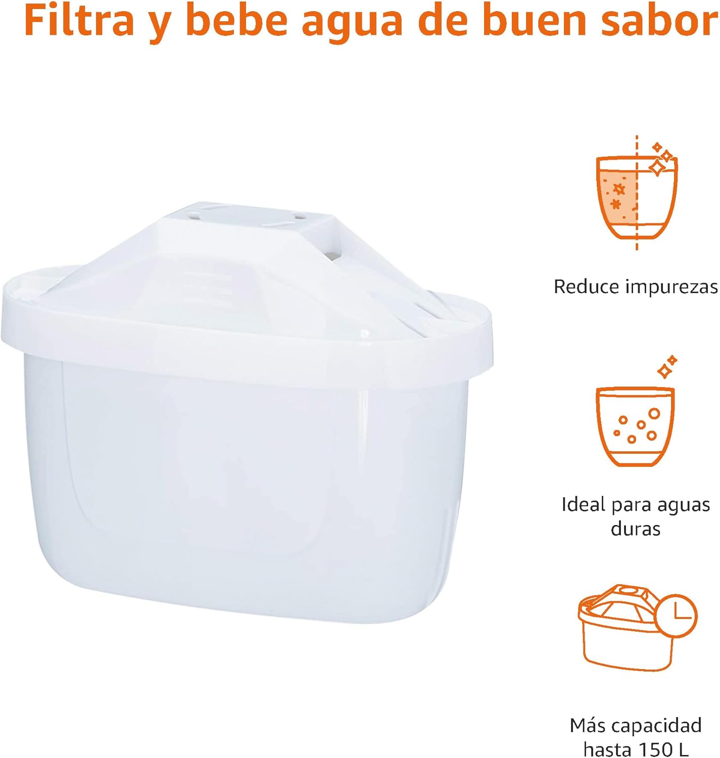 Características del cartucho filtrante Amazon Basics: reduce impurezas, ideal para aguas duras, 150 litros, certificado TÜV