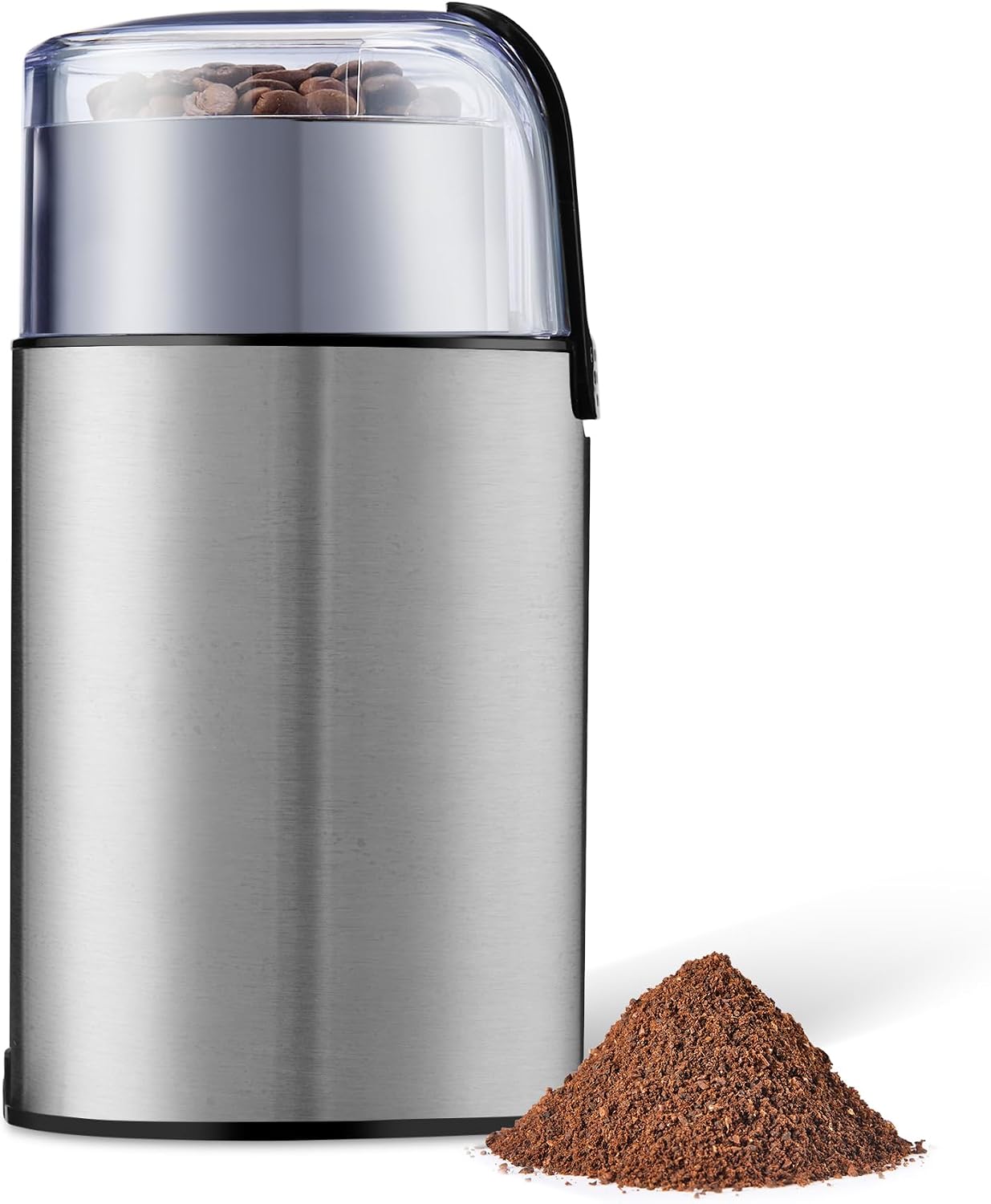 Molinillo de café eléctrico Amazon Basics de acero inoxidable con tapa transparente y café recién molido