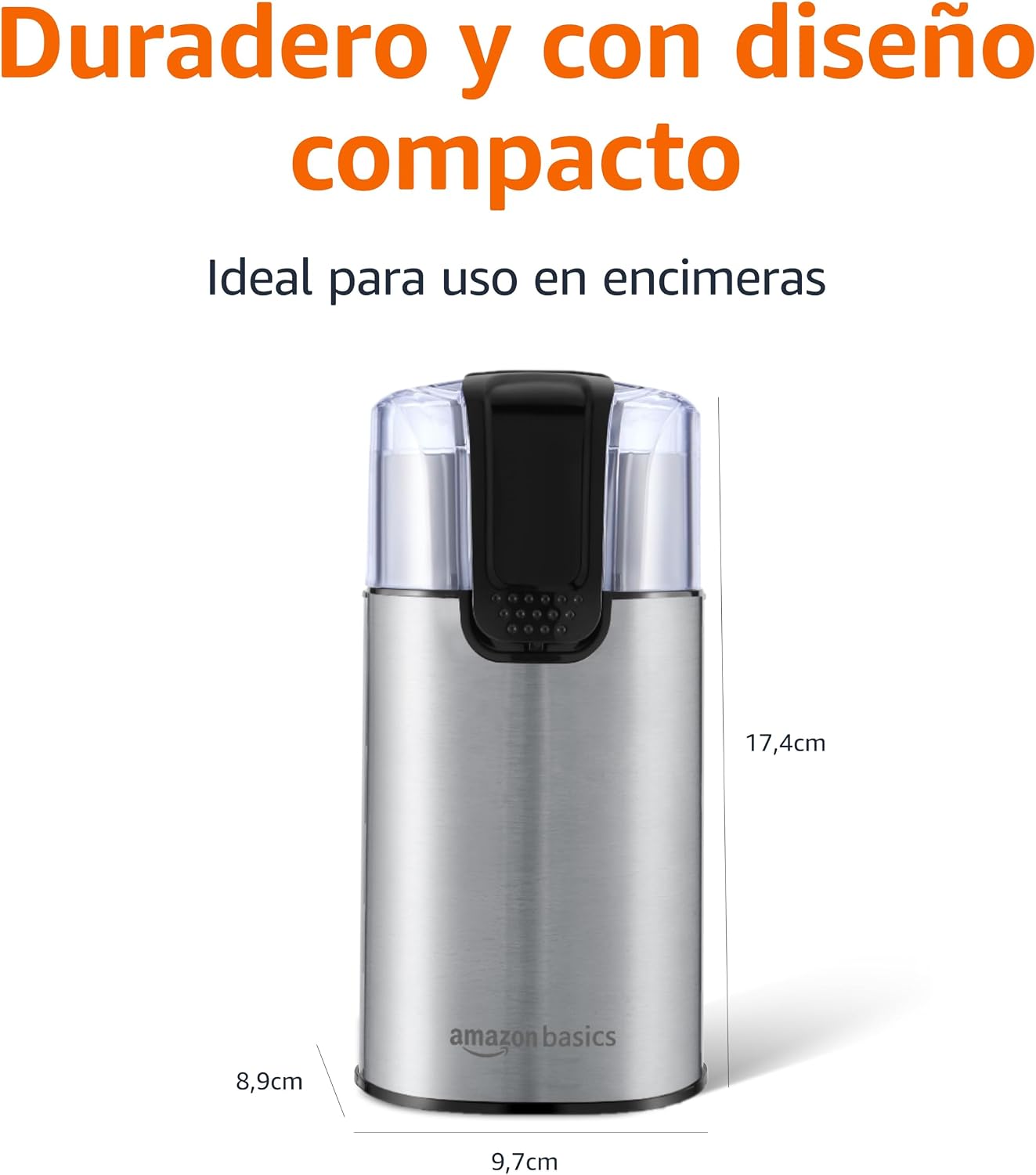 Medidas del molinillo de café Amazon Basics: 17,4 cm de alto, 9,7 cm de ancho y 8,9 cm de fondo
