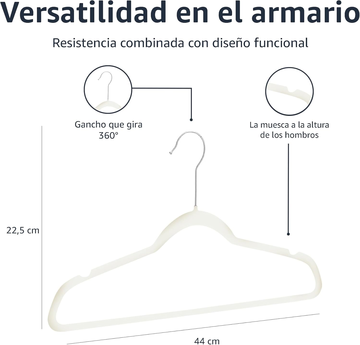 Armario organizado con las perchas de terciopelo Amazon Basics marfil colgando camisas y chaquetas