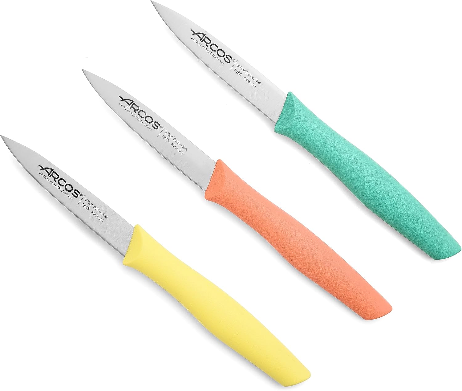 Juego de 3 cuchillos mondadores Arcos serie Nova con mangos amarillo, coral y verde menta