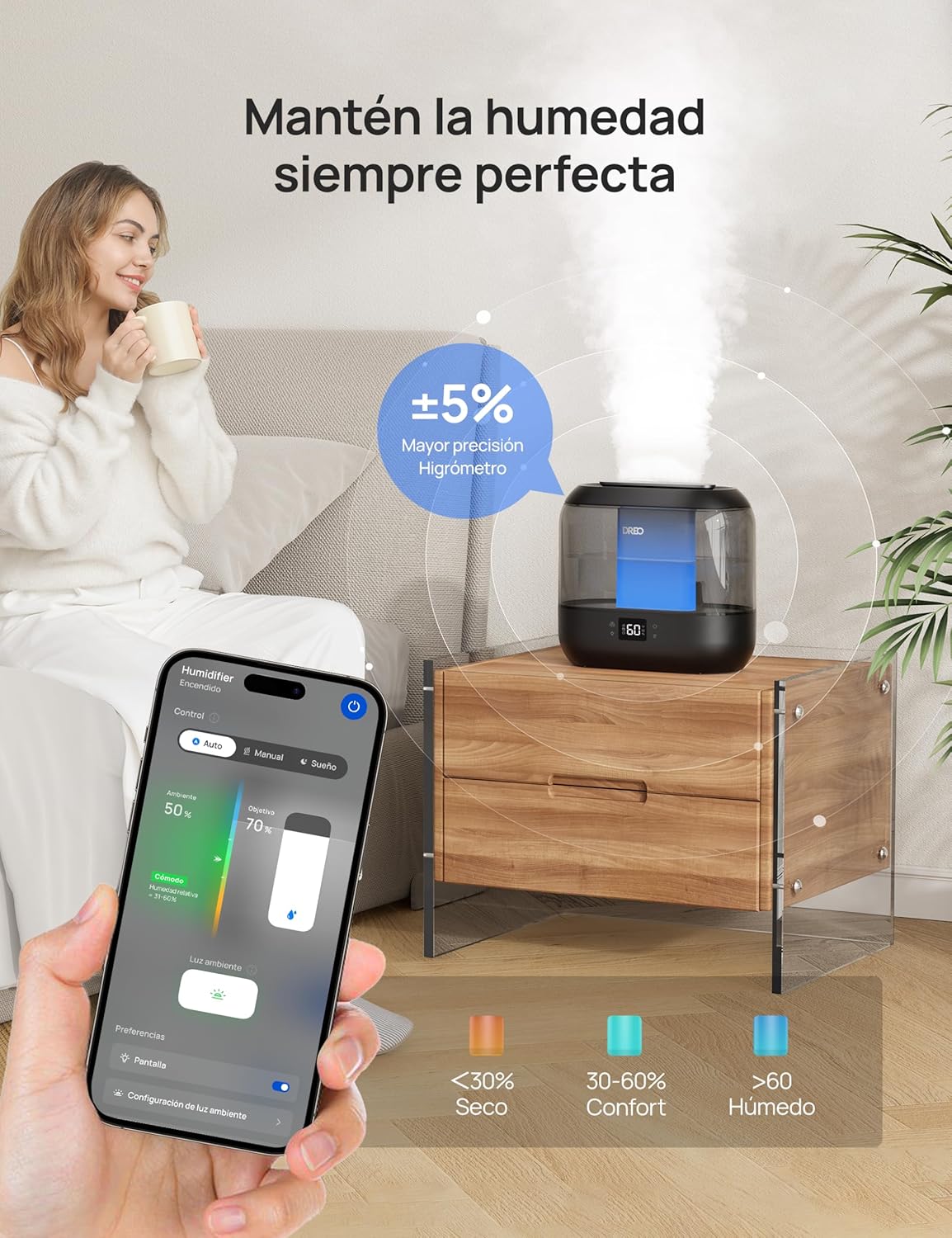 Humidificador Dreo 4L funcionando en un dormitorio con niebla fría y luz ambiental