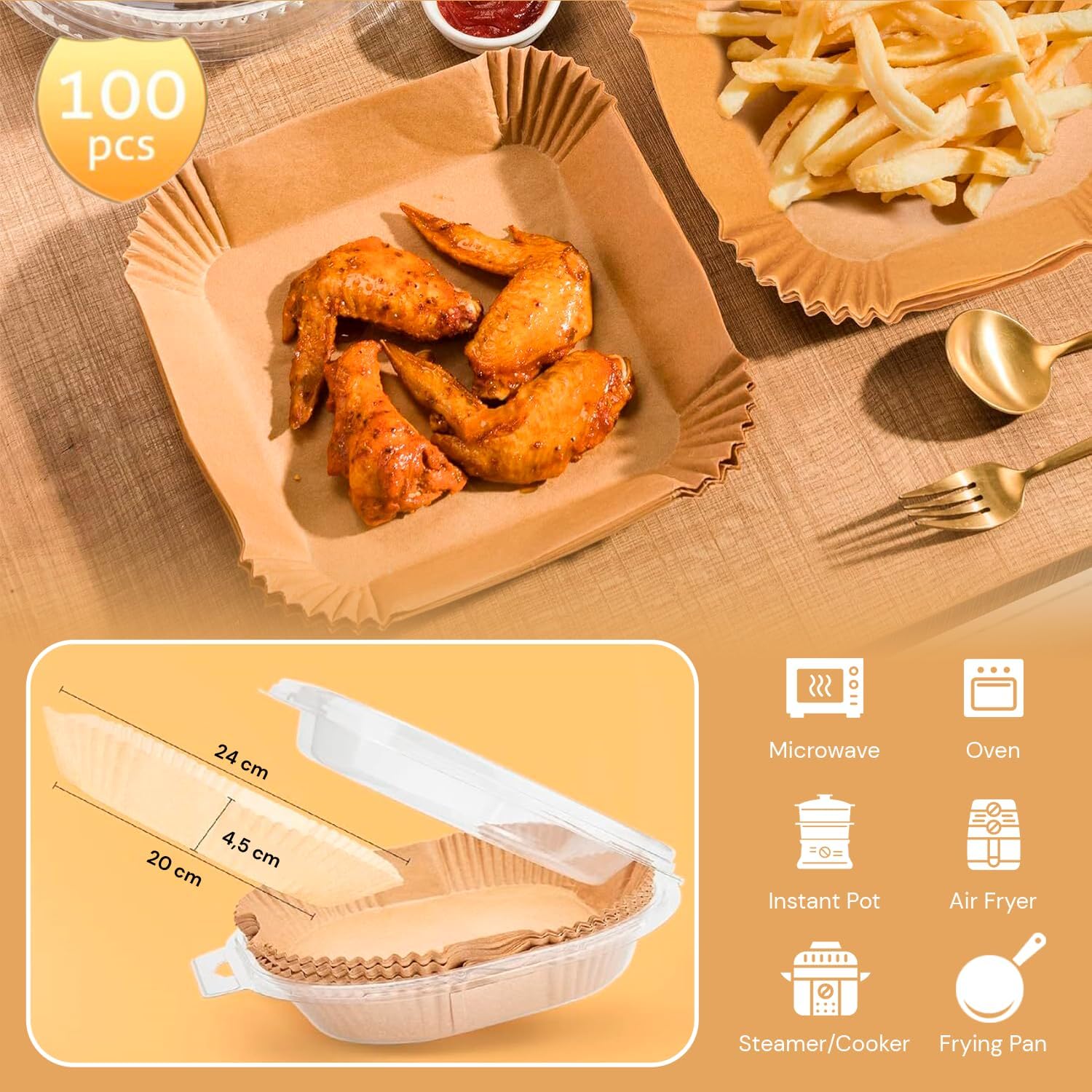 Molde de papel edihome con alitas de pollo y esquema con las medidas del papel para freidora de aire
