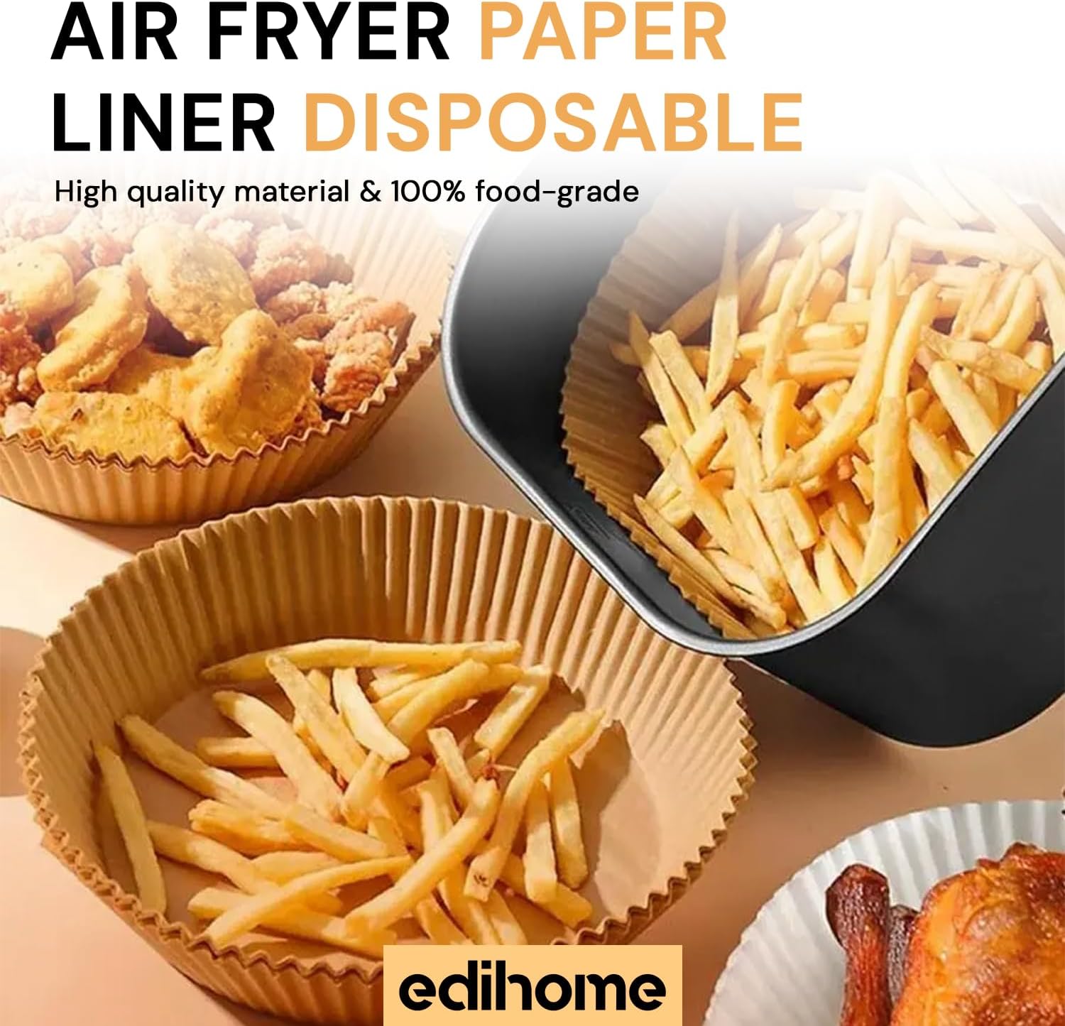 Molde de papel edihome dentro de la cesta de una freidora de aire con patatas fritas