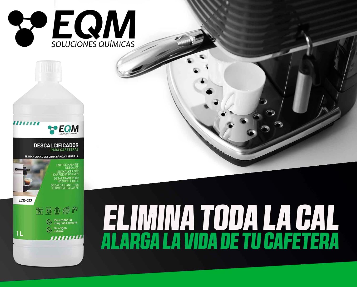 Descalcificador EQM ECO-212 junto a una cafetera espresso para eliminar la cal y alargar su vida útil