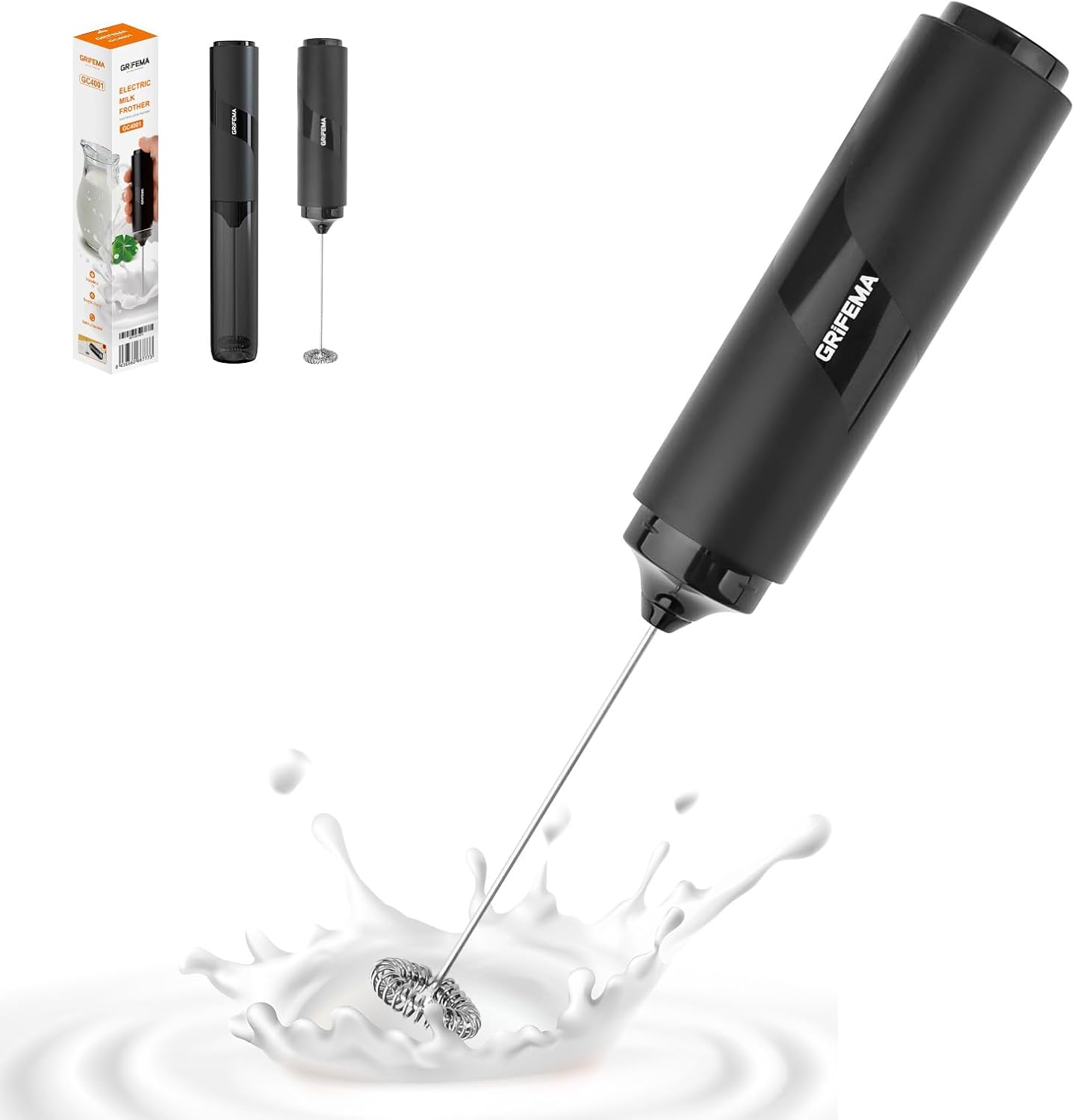 Espumador de leche eléctrico GRIFEMA negro con varilla de acero inoxidable montando leche