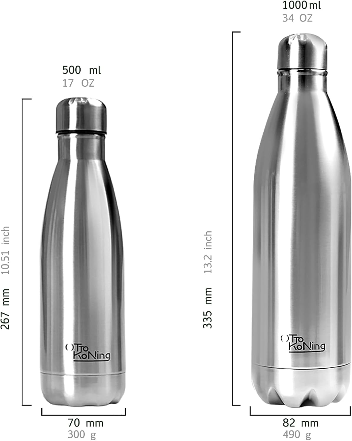 Medidas de la botella térmica OTTO KONING de 500 ml (27 cm) frente al modelo de 1000 ml (33 cm)
