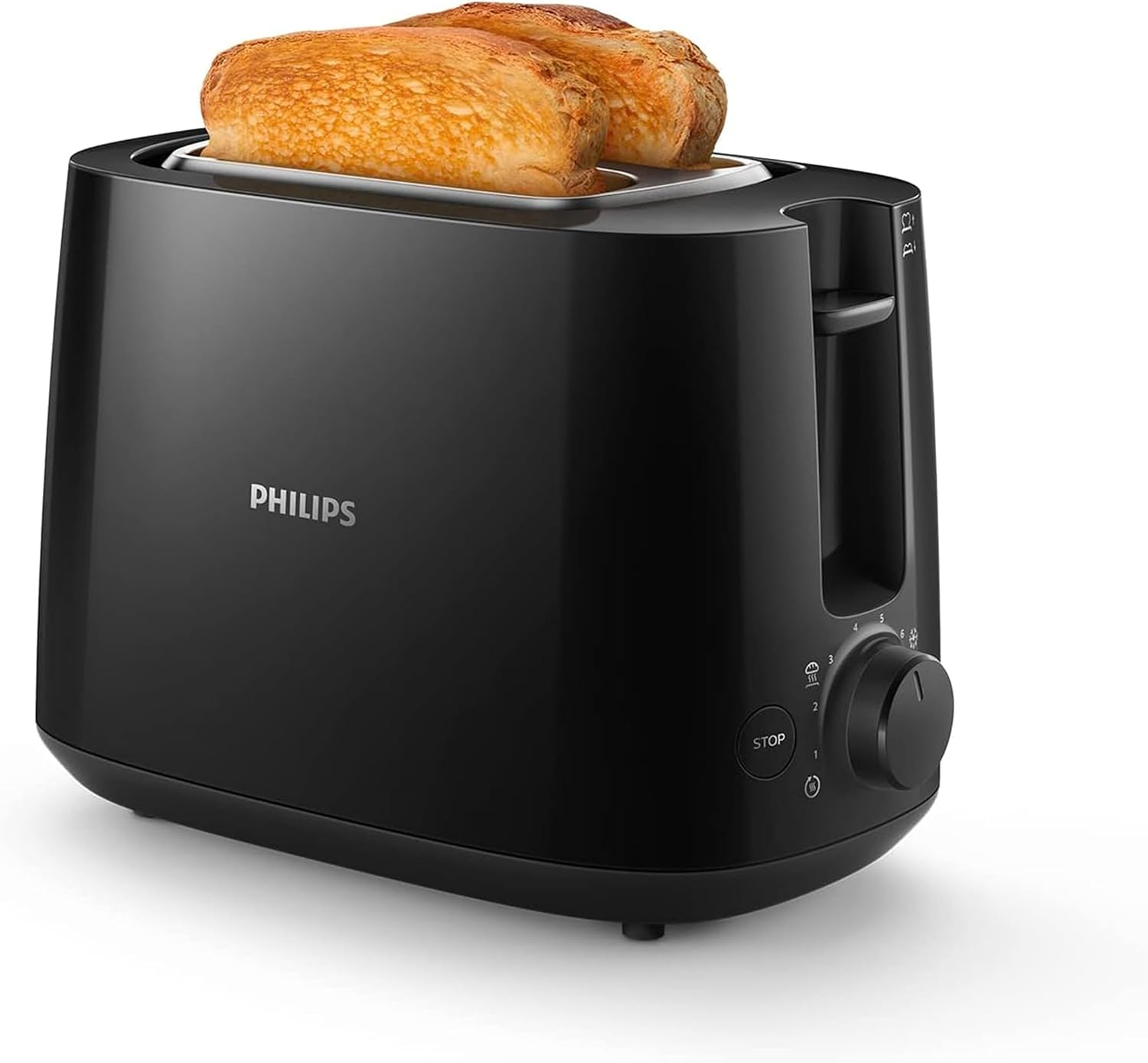 Detalle de las dos ranuras de tamaño variable y la rueda de 8 niveles de tostado de la Philips HD2581/90