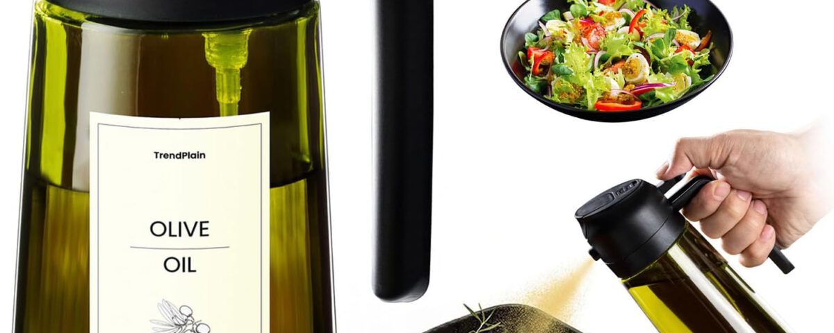Pulverizador de aceite TrendPlain 2 en 1 de 470 ml, botella de vidrio verde oscuro con tapón negro