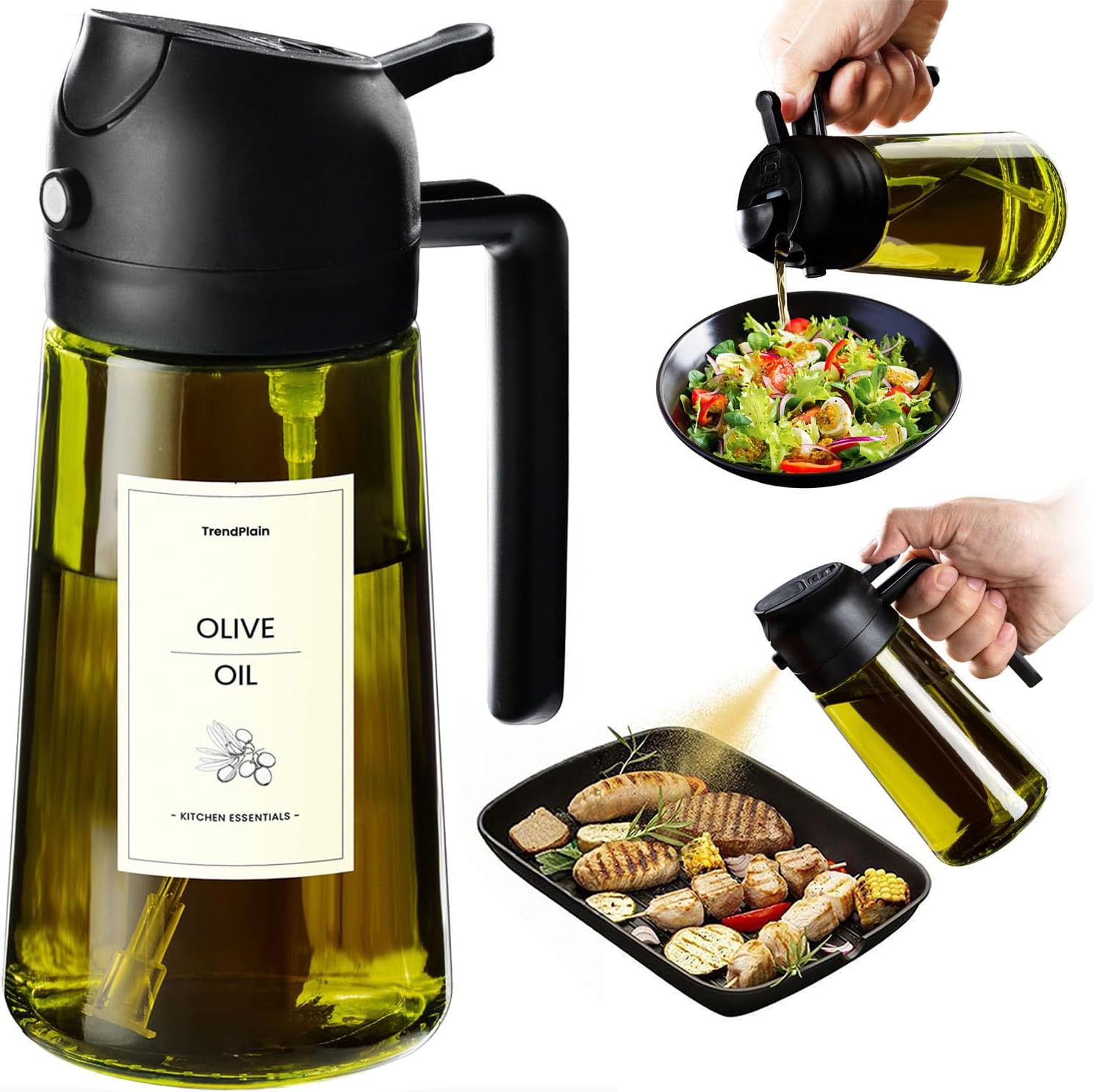Pulverizador de aceite TrendPlain 2 en 1 de 470 ml, botella de vidrio verde oscuro con tapón negro y etiqueta Olive Oil