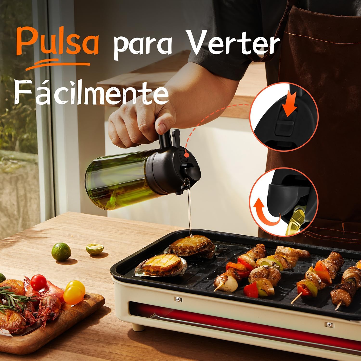 Pulverizador TrendPlain vertiendo aceite a chorro sobre una plancha con brochetas y verduras