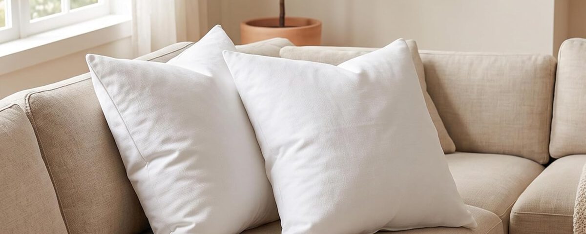 Rellenos de cojín Utopia Bedding decorando un sofá beige en un salón luminoso