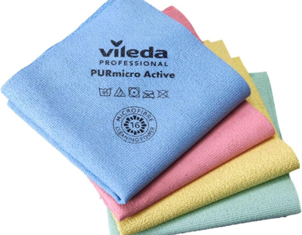 Pack de 4 bayetas Vileda Professional PURmicro Active de microfibra en azul, rosa, amarillo y verde