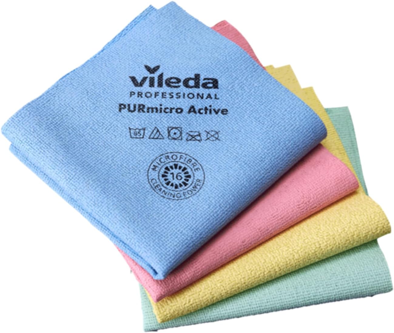 Pack de 4 bayetas Vileda Professional PURmicro Active de microfibra en azul, rosa, amarillo y verde