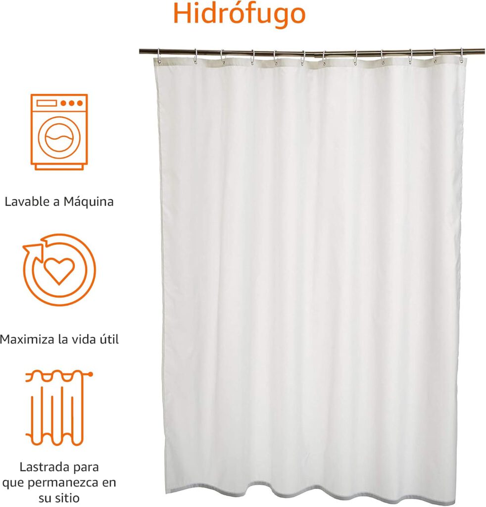 Características de la cortina de ducha Amazon Basics: hidrófuga, lavable a máquina y tratada contra el moho