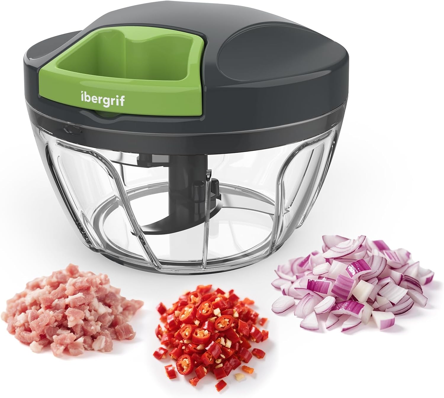 Picadora manual Ibergrif M501 de 500 ml con cuerda y recipiente transparente