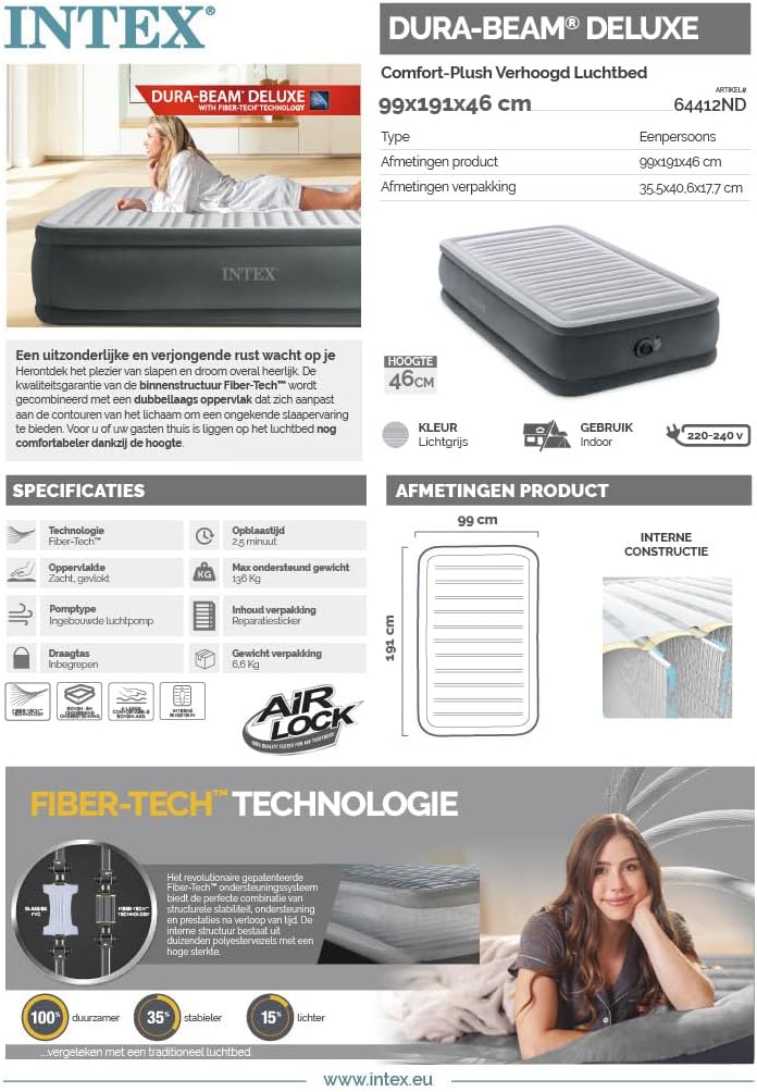 Persona tumbada sobre el colchón hinchable Intex 64412 con estructura Fiber-Tech visible