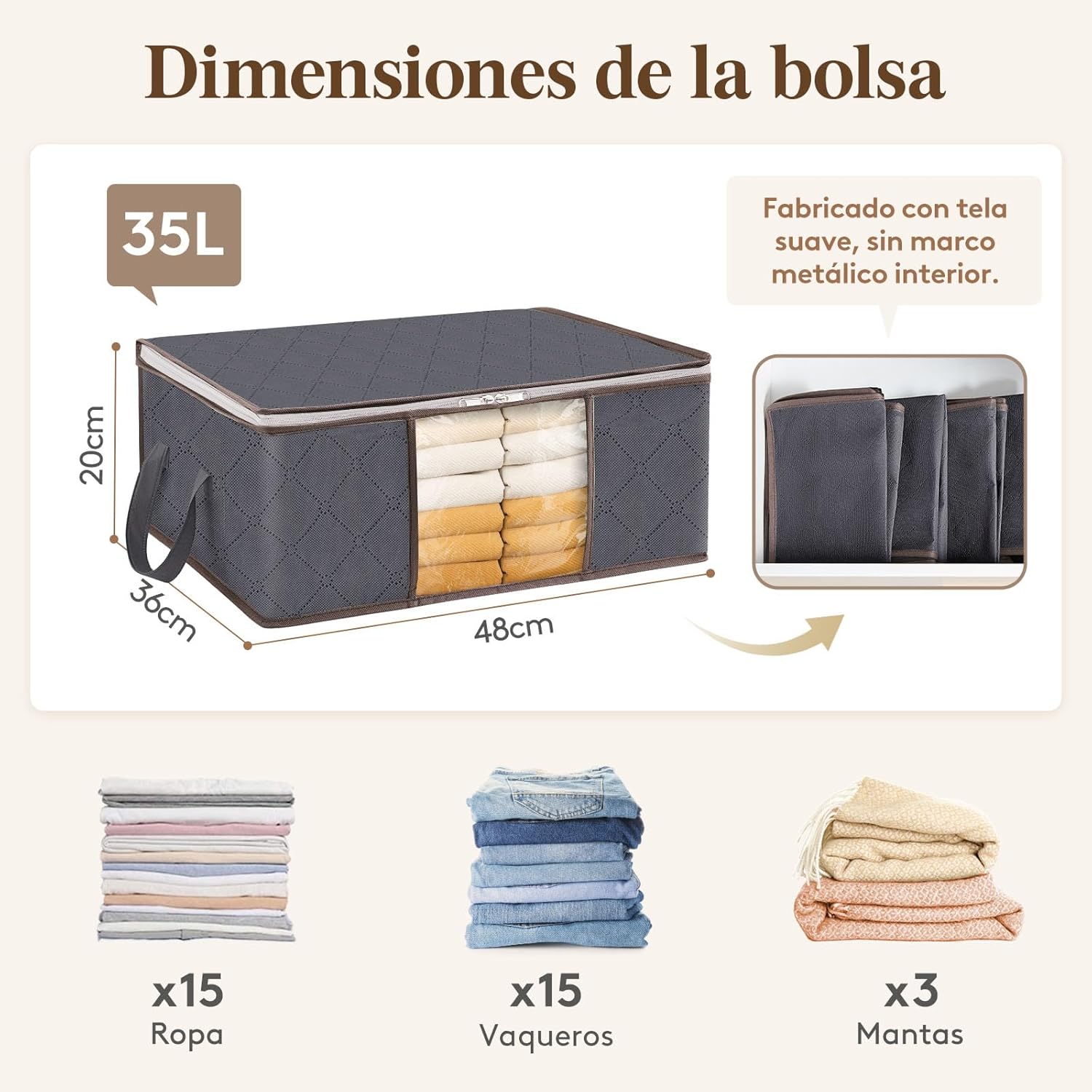 Medidas y capacidad de la caja de almacenaje Lifewit de 35 litros: 48 x 36 x 20 cm