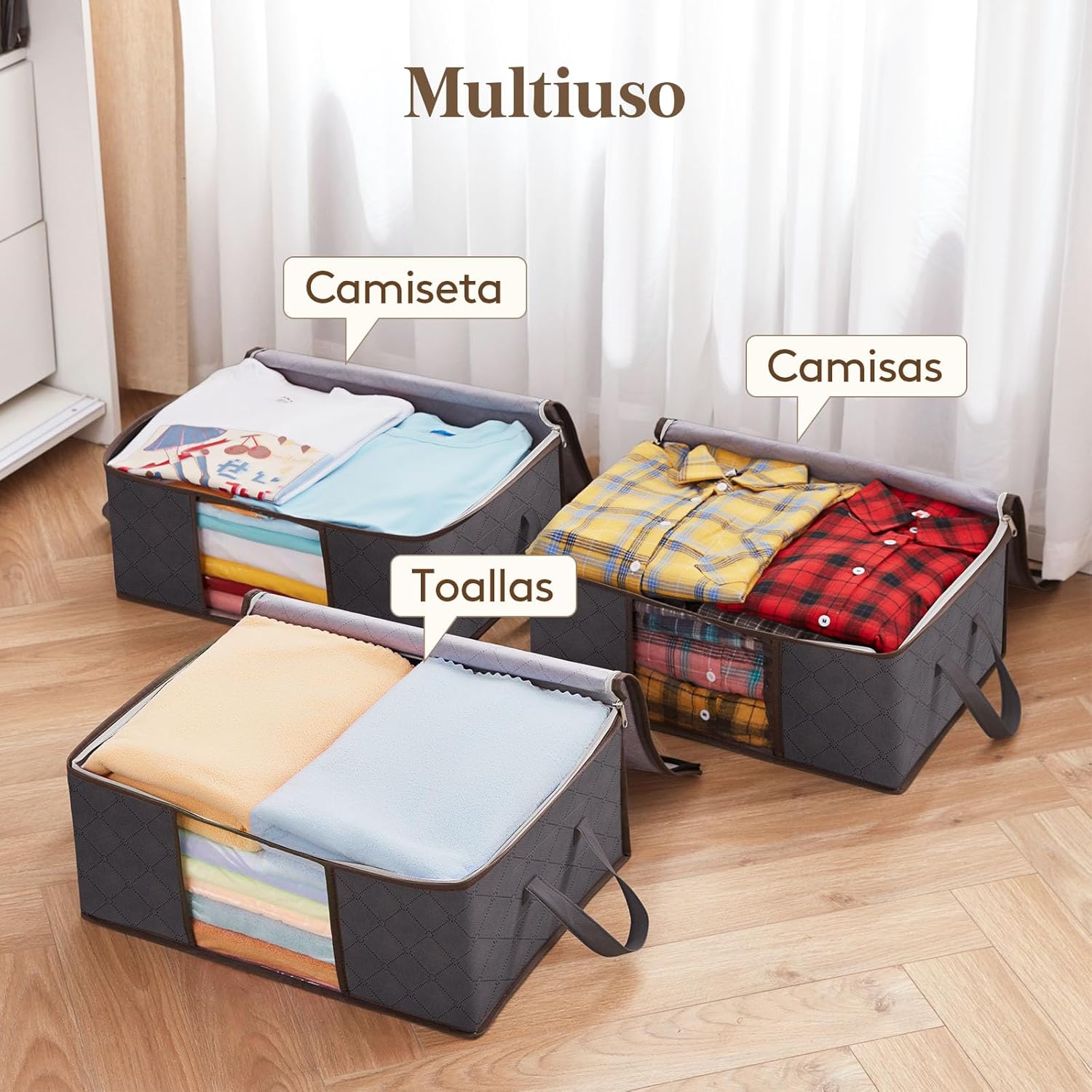 Cajas de almacenaje Lifewit abiertas con camisetas, camisas y toallas organizadas