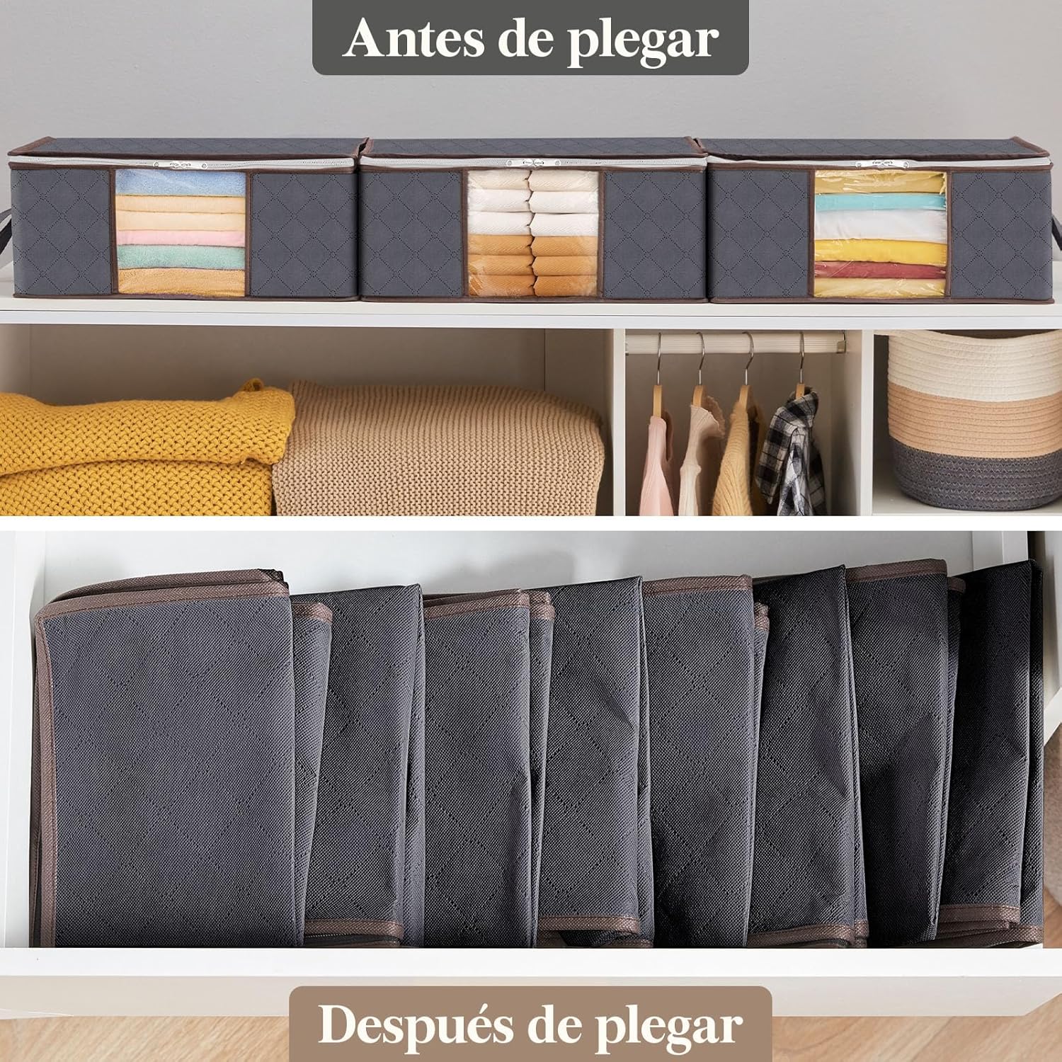 Cajas de almacenaje Lifewit apiladas en el armario y plegadas para guardarlas