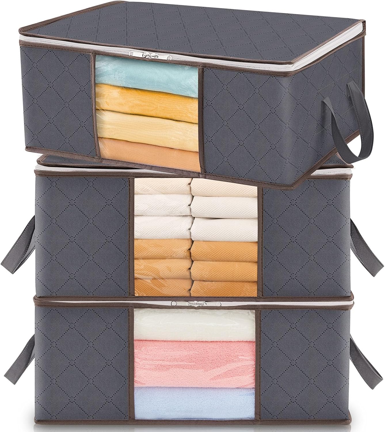 Cajas de almacenaje plegables Lifewit 35 L grises apiladas con ventana transparente y asas