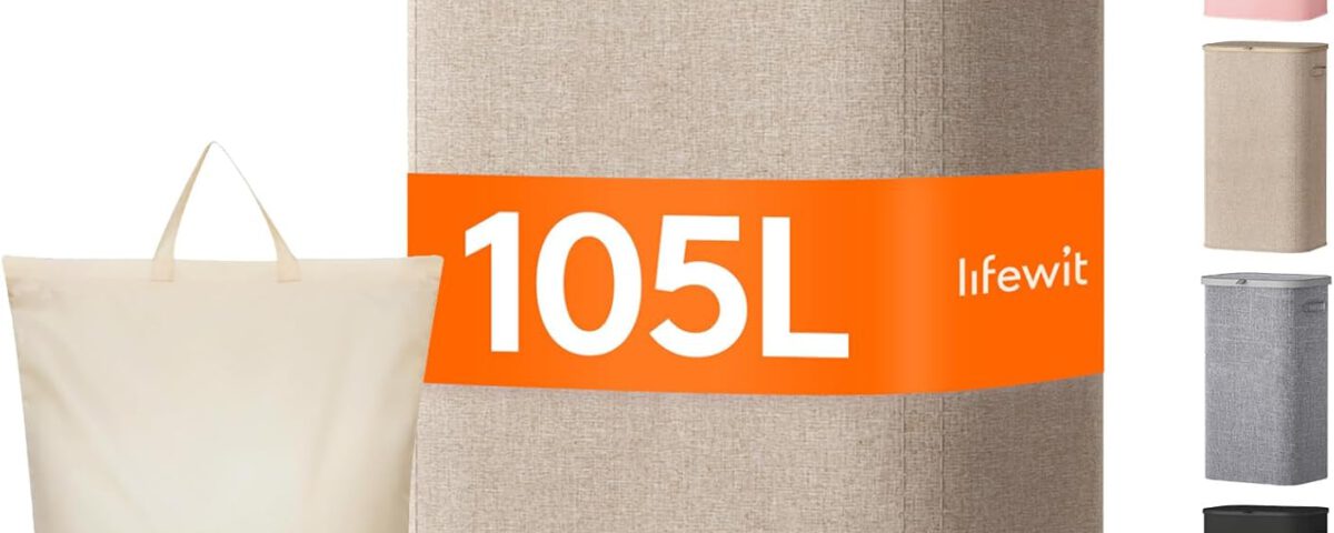 Cesto de ropa sucia plegable Lifewit de 105 litros en color beige con tapa y bolsa extraíble