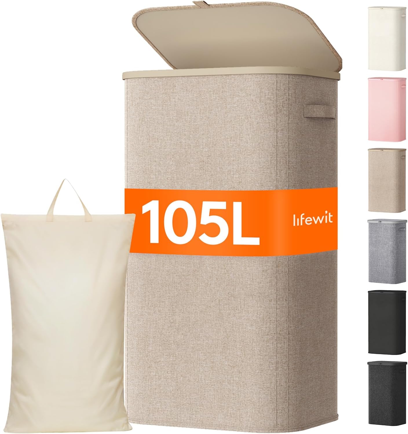 Cesto de ropa sucia plegable Lifewit de 105 litros en color beige con tapa y bolsa extraíble