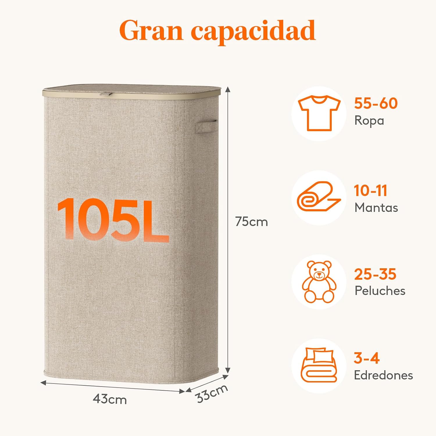Capacidad de 105 litros del cesto de ropa sucia Lifewit: medidas 43x33x75 cm