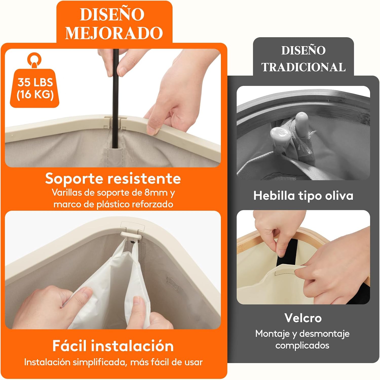 Montaje del cesto de ropa sucia Lifewit con varillas de soporte y bolsa interior