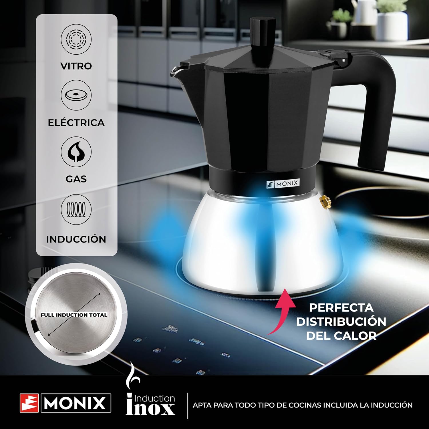 Cafetera Monix Induction Inox sobre placa de inducción con iconos de compatibilidad con vitro, eléctrica, gas e inducción