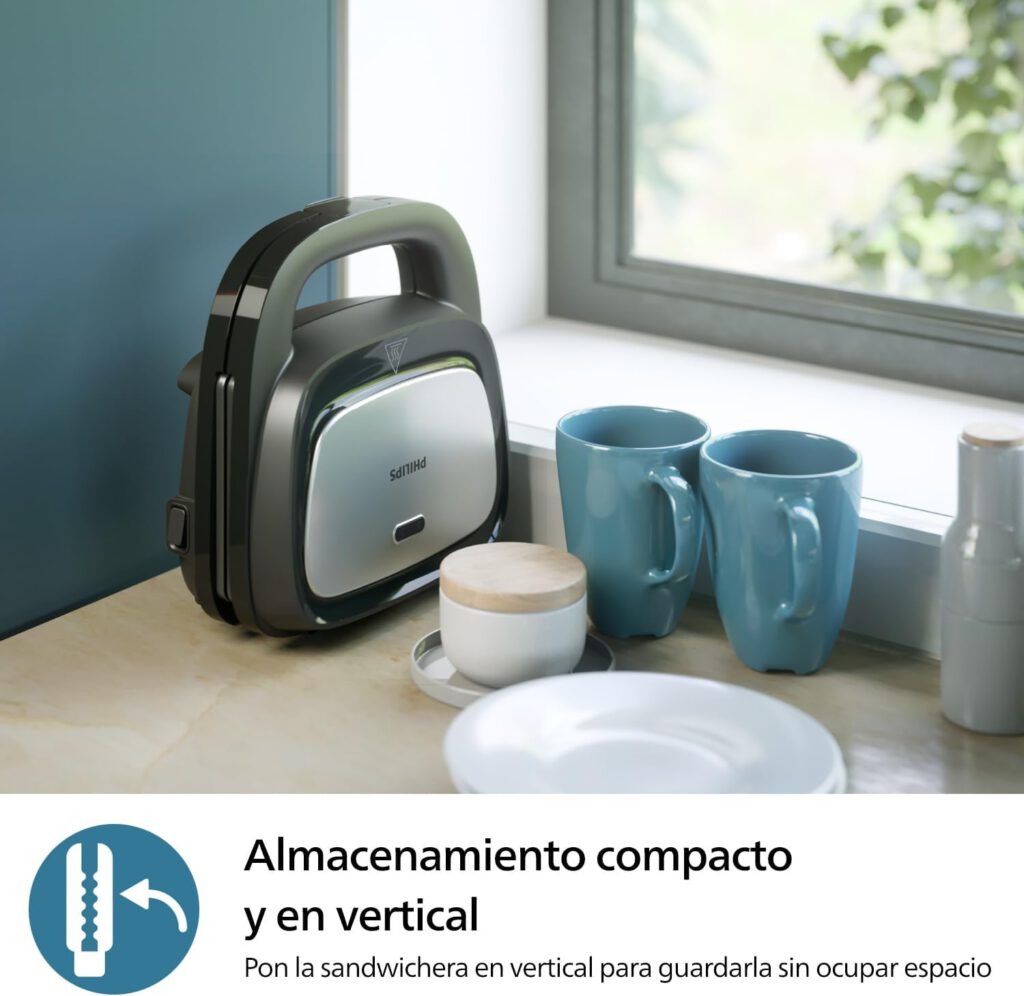 Sandwichera Philips 3 en 1 guardada en vertical en la encimera gracias a su diseño compacto y recogecables