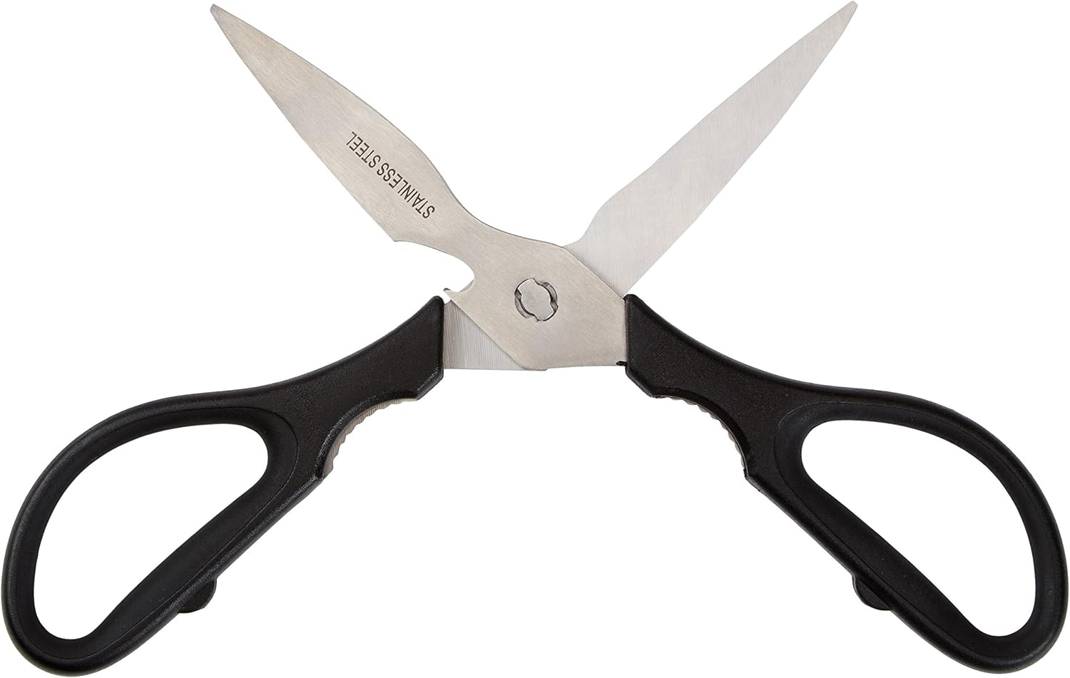 Tijeras de cocina Amazon Basics abiertas mostrando las hojas de acero inoxidable con microdentado