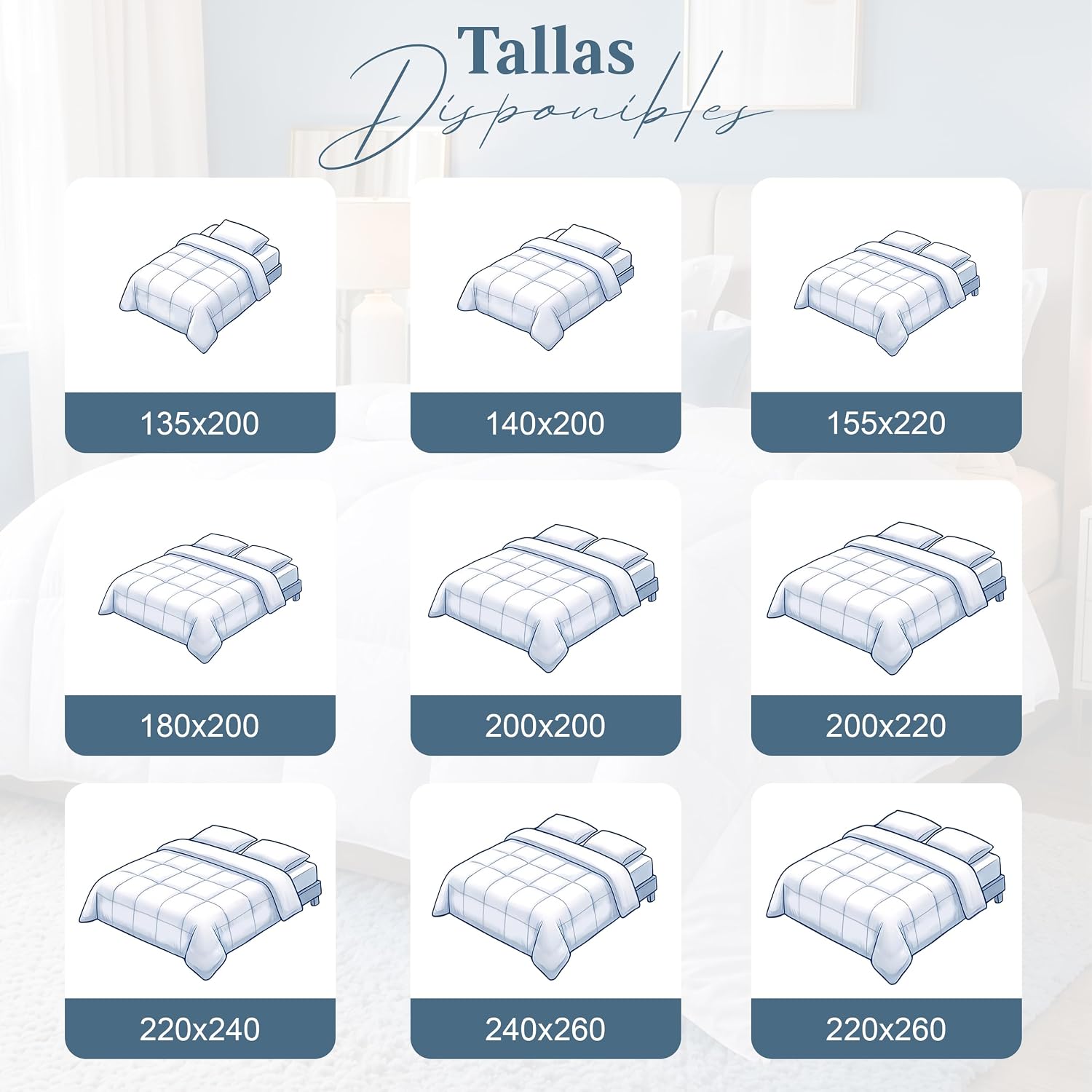 Tallas disponibles del edredón Utopia Bedding, desde 135x200 cm hasta tallas para camas grandes